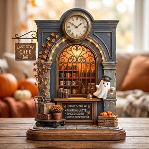 May include: A decorative tabletop clock shaped like a cafe building with a dark blue facade, an arched window, and a hanging sign reading LAST STOP CAFE. It features a ghost figure, a luggage cart, pumpkins, and a menu board listing seasonal drinks.
