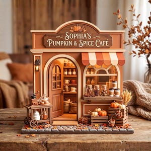Puede incluir: Un modelo en miniatura de la fachada de una cafetería titulada Sophia's Pumpkin & Spice Café. La estructura marrón presenta una puerta arqueada, un toldo a rayas, estantes con frascos, un carrito con molinillo de café y cajas con calabazas.