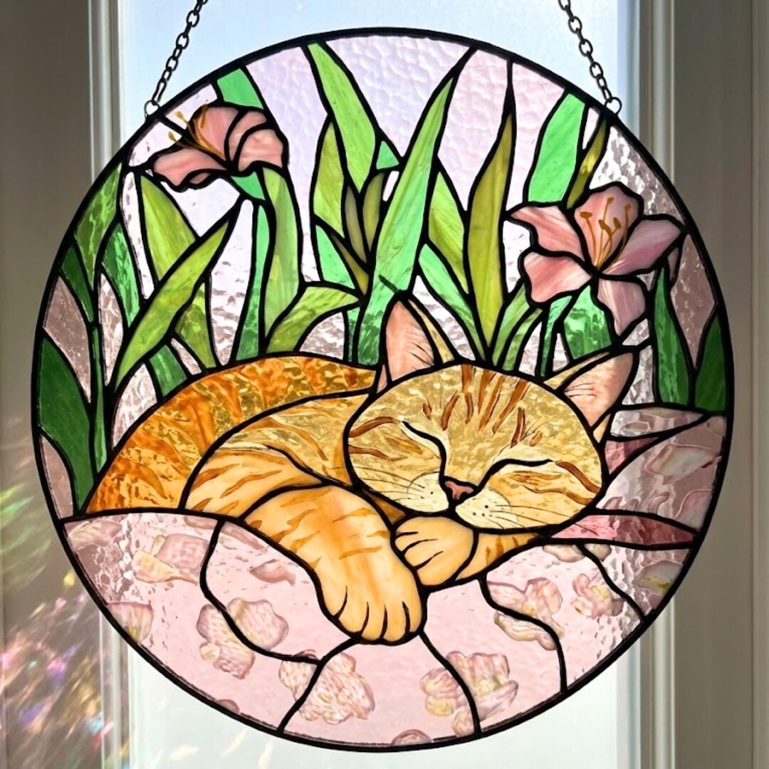 Sleeping Orange Tabby Cat Stained Glass Suncatcher, Floral Blossom ...