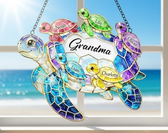 Personalized Sea Turtle Family Suncatcher, Custom Name Faux Stained Glass Acrylic Window Art, Ocean Beach Decor, Grandma Mom Gift