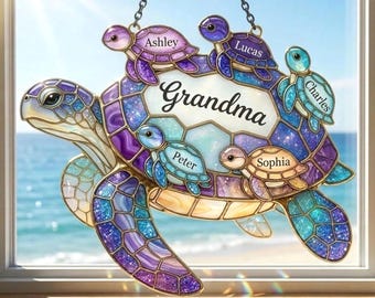 Personalized Sea Turtle Family Suncatcher, Custom Grandma Turtle Acrylic Window Art, Faux Stained Glass Ocean Decor, Mother's Day Gift