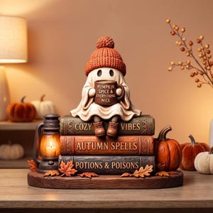 Peut inclure: Une figurine décorative représentant un fantôme portant un bonnet en tricot orange, tenant une tasse marron avec l'inscription PUMPKIN SPICE & EVERYTHING NICE, assis sur trois livres intitulés COZY VIBES, AUTUMN SPELLS et POTIONS & POISONS.