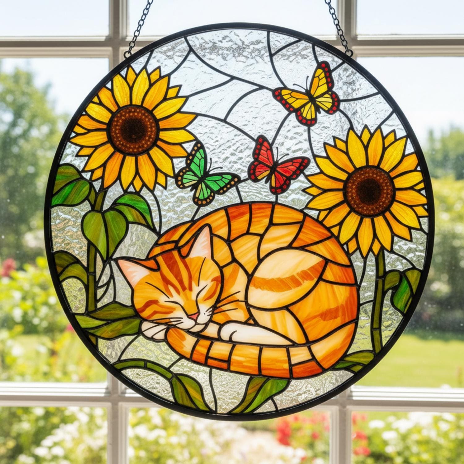 Sleeping Cat Stained Glass Suncatcher, Orange Tabby & Sunflowers Window ...
