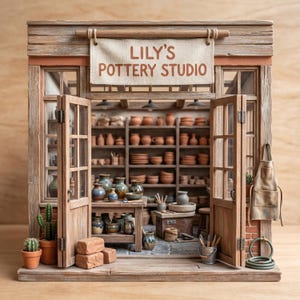 以下が含まれることがあります： 木製の壁とドアを備えたミニチュア陶芸スタジオ。「LILY'S POTTERY STUDIO」と書かれた看板。内部には、さまざまな陶器の鉢や皿が並んだ棚があります。テーブルには、陶器、道具、鉢植えの小さなサボテンが置かれています。