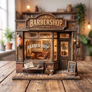 Personlig vintage barbershop 2D platt träkloss, anpassad miniatyr barberarskylt, retro herrsalong hylla sitter, heminredning gåva