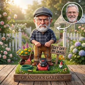 Op de afbeelding: Een beeldje van een ouder persoon met een grijze baard en bril, gekleed in een platte pet en geruit overhemd, staand met een grasmaaier op een grasbasis. De basis bevat een bordje met GET OFF MY GRASS en GRANDPA'S GARDEN, met een tuinkabouter.