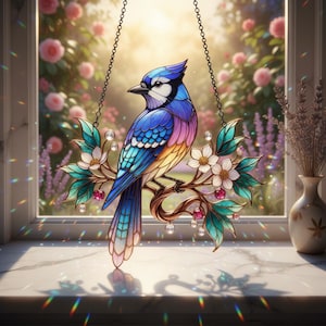Puede incluir: Atrapasoles de vidriera con un arrendajo azul colgando de una cadena. El ave está posada en una rama con flores blancas y gemas rosas. El fondo muestra una ventana con vistas a un jardín.