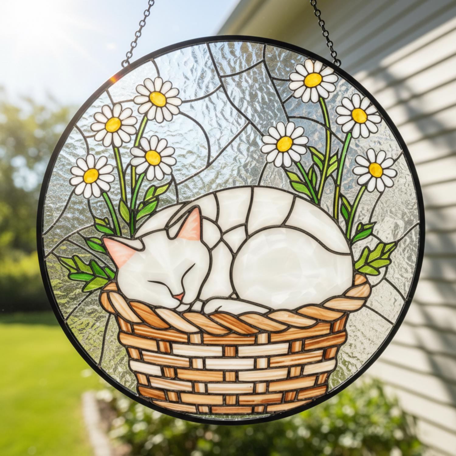 Sleeping White Cat in Daisy Basket Stained Glass Suncatcher, Floral ...