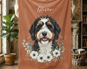 Custom Photo Pet Blanket, Floral Crescent Dog Portrait, Solid Color Cat Picture, Unique Pet Lover Gift Fleece Blanket