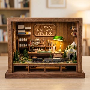 May include: A miniature wooden railway station diorama with the text "PAPA'S RAILWAY STATION". The scene includes a train, tracks, trees, a tunnel, and a workshop area with tools and a magnifying glass. A green lamp illuminates the scene.