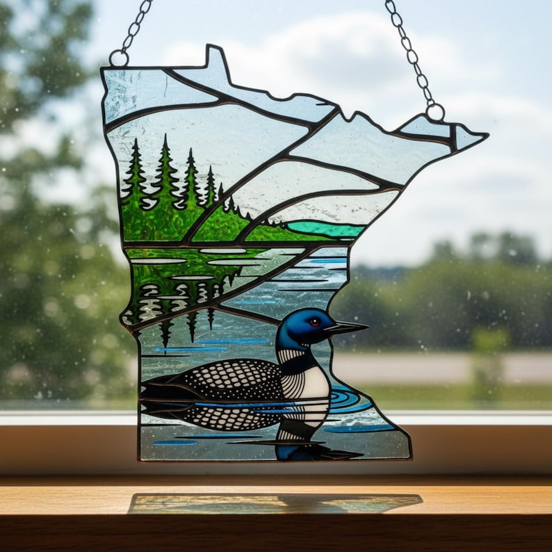 May include: A stained glass suncatcher shaped like the state of Minnesota, featuring a black and white loon swimming on blue water, a green forest of pine trees, and a light blue sky, all held together by dark metal solder lines and a hanging chain.