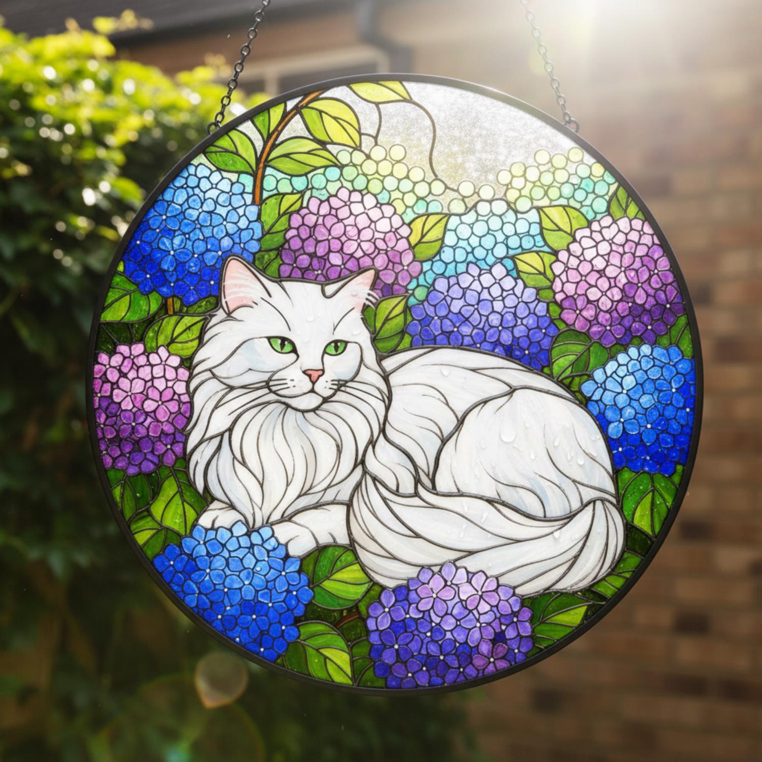 White Persian Cat and Hydrangeas Stained Glass Suncatcher, Floral ...