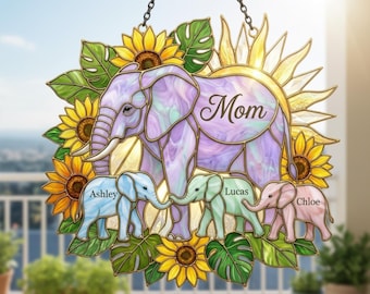 Personalized Elephant Family Acrylic Suncatcher, Custom Names Sunflower Decor, Mother's Day Gift for Mom Grandma