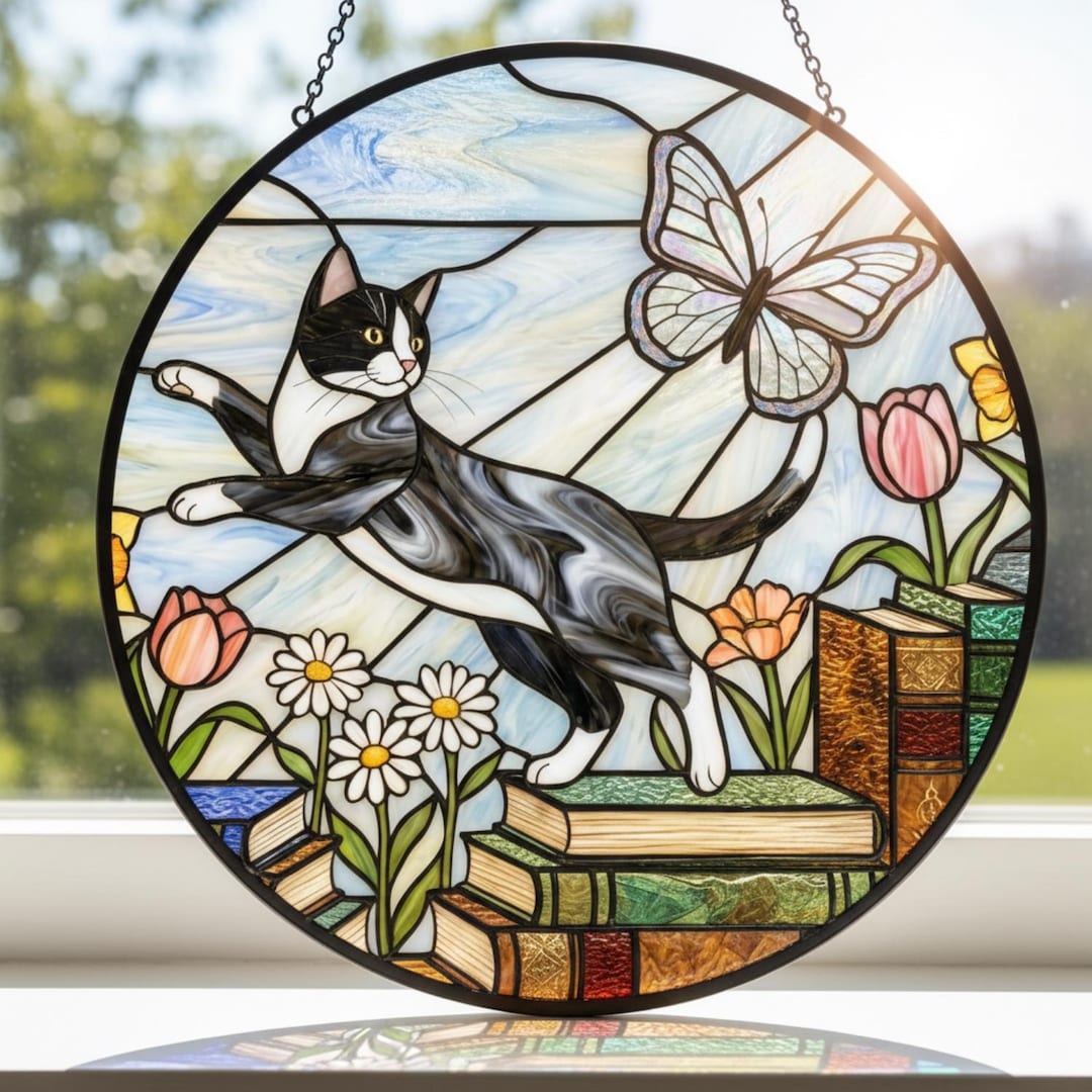 Tuxedo Cat Stained Glass Suncatcher, Black & White Kitty on Books ...