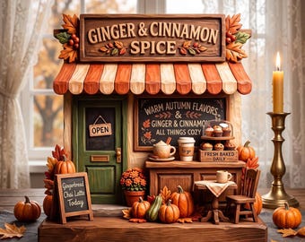 Puede incluir: Un modelo de tienda en miniatura de madera titulado Ginger & Cinnamon Spice con un toldo a rayas naranjas y blancas, una puerta verde con un letrero de abierto y un menú en pizarra. Incluye calabazas, hojas de otoño, muffins y tazas.