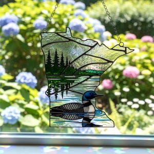 Minnesota State Map Shape Acrylic Suncatcher, Common Loon Lake Faux Stained Glass Window Hanging, MN Souvenir, Gift for Mom Grandma image 3