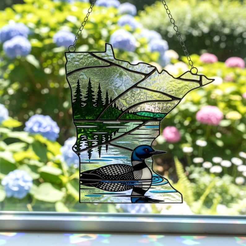 Minnesota State Map Shape Acrylic Suncatcher, Common Loon Lake Faux Stained Glass Window Hanging, MN Souvenir, Gift for Mom Grandma image 3