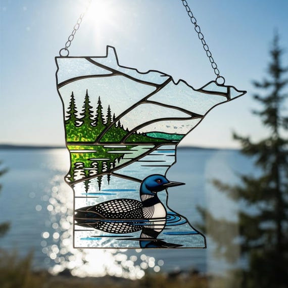 Minnesota State Map Shape Acrylic Suncatcher, Common Loon Lake Faux Stained Glass Window Hanging, MN Souvenir, Gift for Mom Grandma