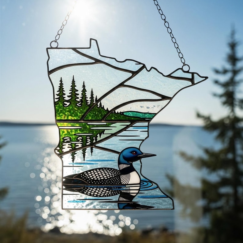 Minnesota State Map Shape Acrylic Suncatcher, Common Loon Lake Faux Stained Glass Window Hanging, MN Souvenir, Gift for Mom Grandma image 1
