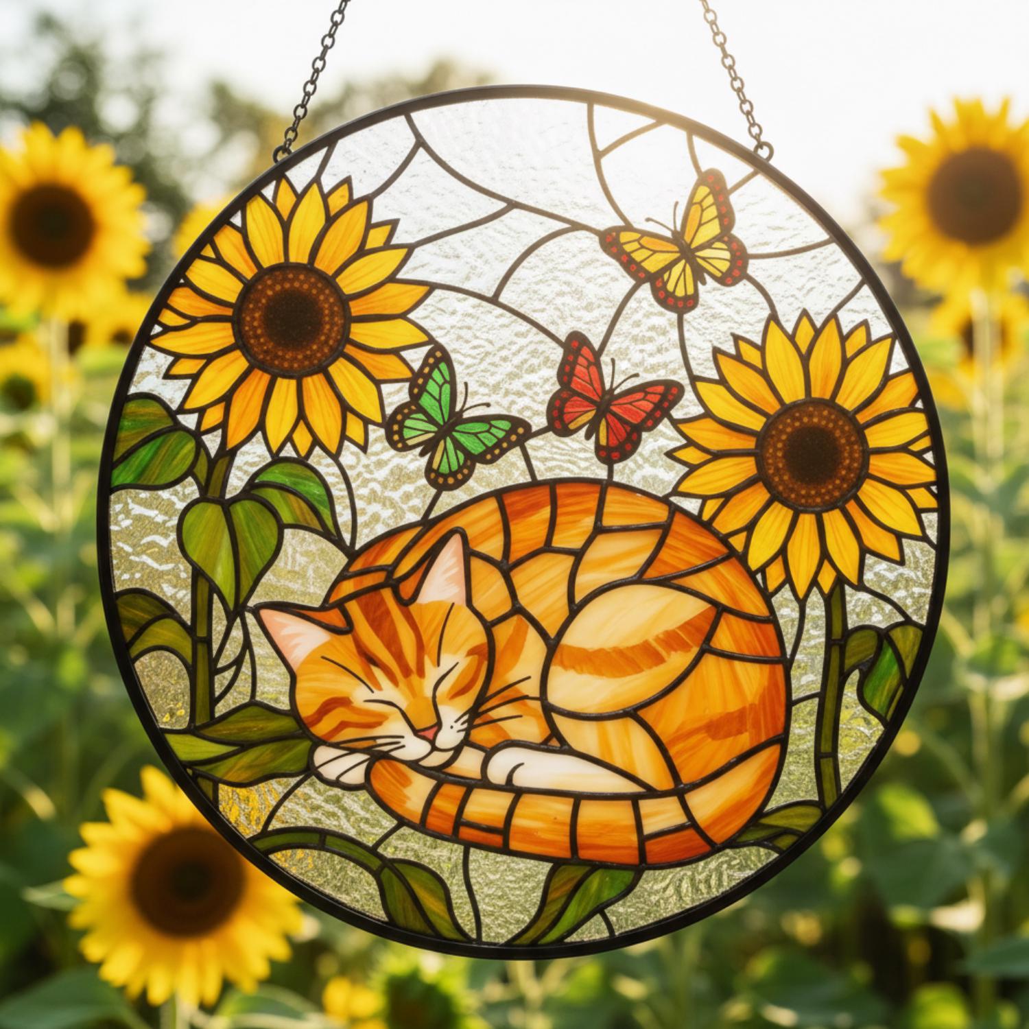 Sleeping Cat Stained Glass Suncatcher, Orange Tabby & Sunflowers Window ...