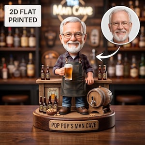 Personalized Man Cave 2D FLAT Wooden Block, Custom Home Bar Sign, Beer Lover Keepsake, Grandpa Photo Face Figurine, Unique Gift For Dad
