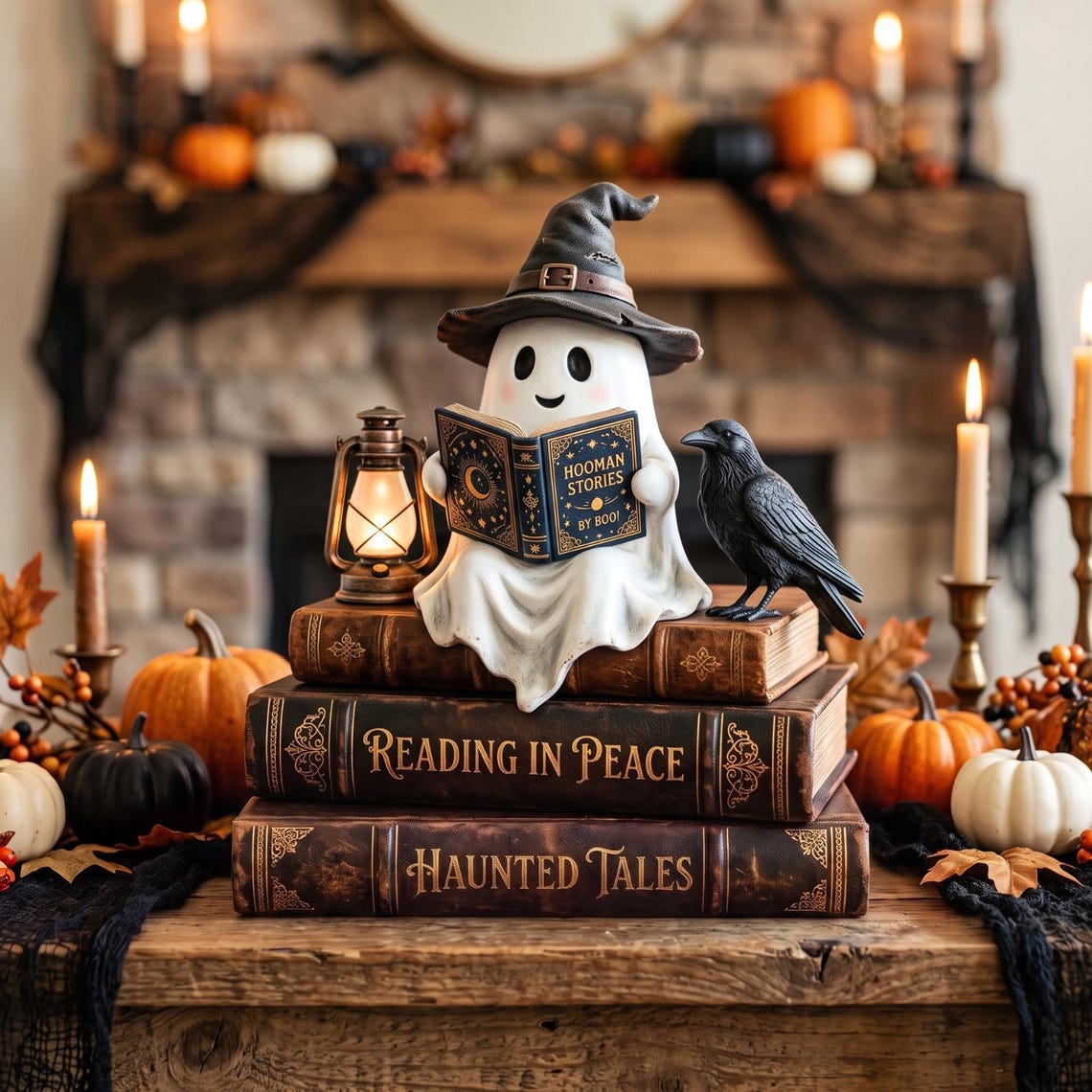 Peut inclure: Une figurine de fantôme blanc portant un chapeau de sorcière noir, lisant un livre intitulé "Hooman Stories by Roo", posée sur une pile de trois livres anciens étiquetés "Reading in Peace" et "Haunted Tales", avec une lanterne et un corbeau noir.