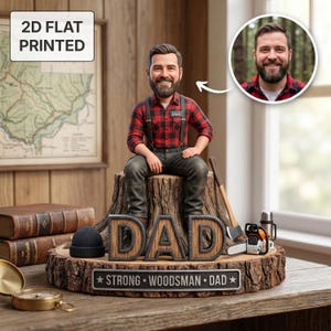 May include: A figurine of a man in a red and black plaid shirt and suspenders sitting on a tree stump. The base reads "DAD" and "STRONG WOODSMAN DAD". An axe, chainsaw, and black beanie are also present.