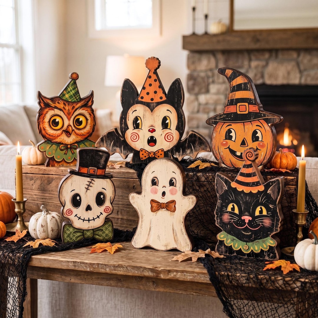 Retro Halloween 2D FLAT Wooden Block, Vintage Cute Ghost Pumpkin