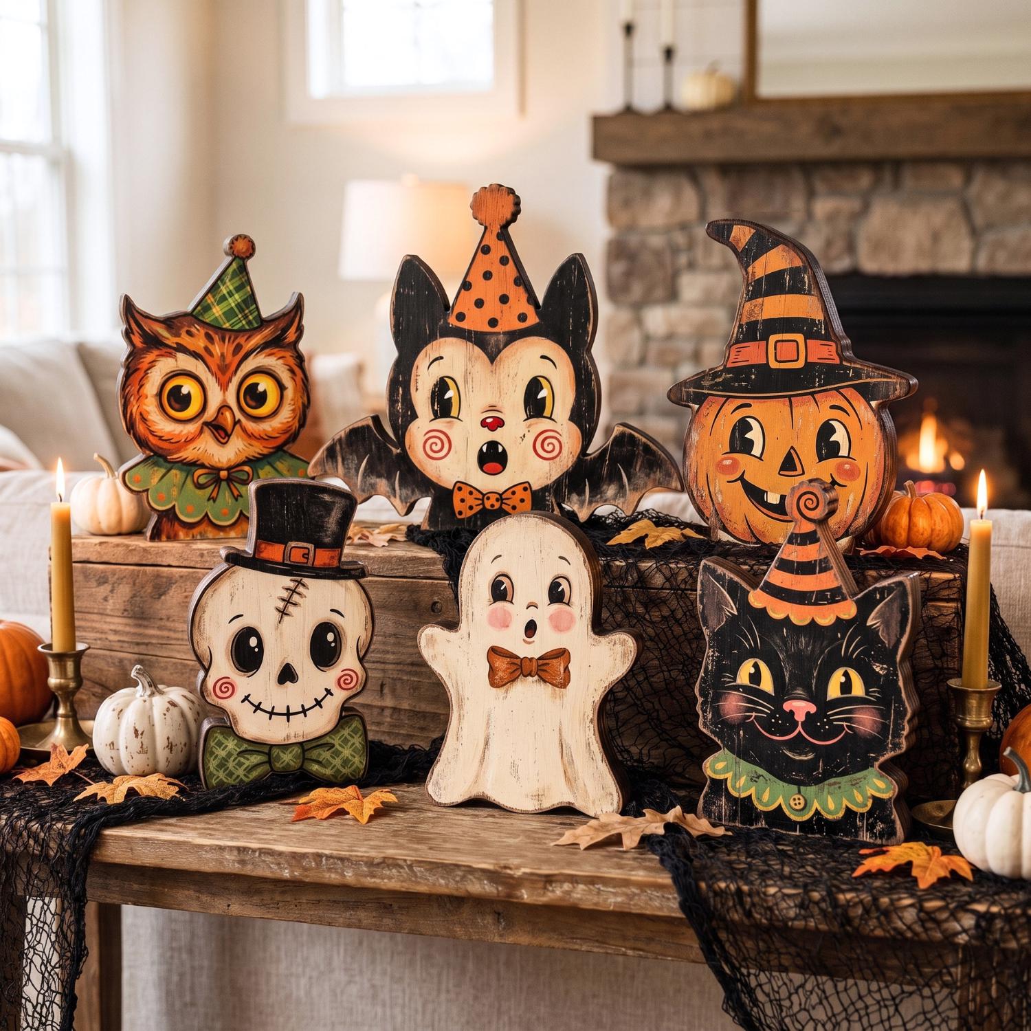 ビンテージ　ユニバーサルモンスター　スカル　ホラー　ハロウィン　ワッペン　レトロ Retro Halloween 2D FLAT Wooden Block, Vintage Cute Ghost Pumpkin