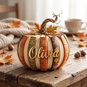 Peut inclure: Une sculpture décorative en forme de citrouille composée de dos de livres empilés dans des tons orange, vert et marron, avec le prénom Olivia en lettres dorées sur le devant, surmontée d'une tige en vigne torsadée et de feuilles d'érable.