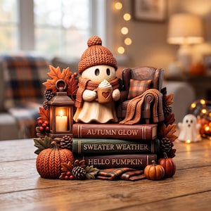 Bloc de bois plat 2D personnalisé « Fantôme douillet », panneau de livre personnalisé, décoration automnale pour la lecture, cadeau pour les amoureux des livres, décoration de bureau automnale
