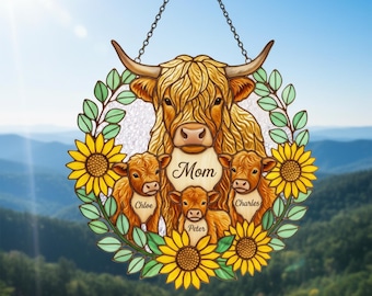 Personalized Highland Cow Family Acrylic Suncatcher, Custom Names Sunflower Decor, Mother's Day Gift for Mom Grandma