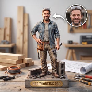 May include: A custom figurine of a smiling man wearing a denim shirt, t-shirt, and work trousers, holding a wrench with a tool belt. The figure stands on a rectangular base with a brass plaque reading HARDWORKING DAD, featuring a circular inset portrait.