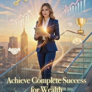 Puede incluir: Una mujer con un traje azul marino está de pie en una escalera, sosteniendo una tableta. La imagen incluye una llave dorada, un trofeo y gráficos financieros. El texto dice "Achieve Complete Success for Wealth."