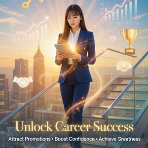 Puede incluir: Una mujer con un traje azul marino sostiene una tableta, subiendo una escalera con un paisaje urbano de fondo. La imagen incluye una llave dorada, un trofeo y el texto "Unlock Career Success."