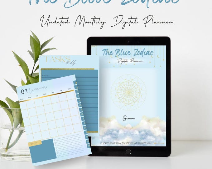 Gemini Zodiac Digital Planner: Undated Monthly, Weekly, Gratitude Pages (PDF Downloads)