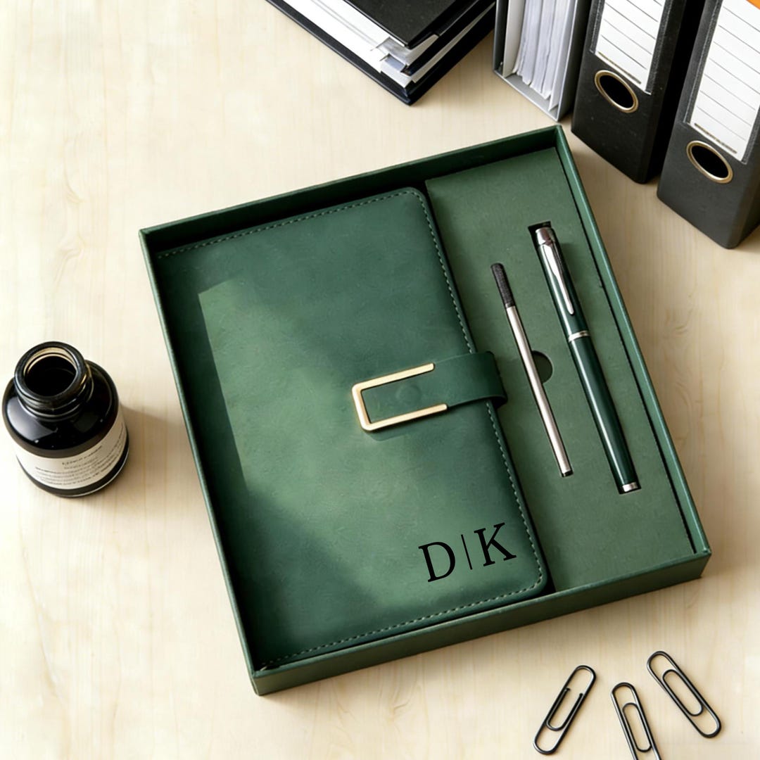 Custom Engraved Leather Journal Set, Personalized Notebook With Pen