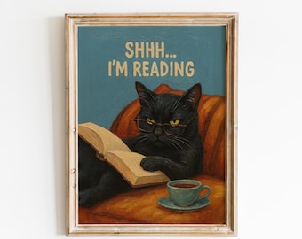 Shhh Im Reading Cat Poster Cozy Reading Nook Wall Art