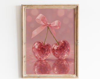 Pink Crystal Cherries Art Print – Glam Aesthetic Wall Decor