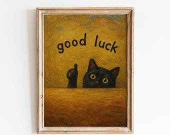 Good Luck Black Cat Poster – Whimsical Vintage Cat Art, Retro Good Fortune Wall Print