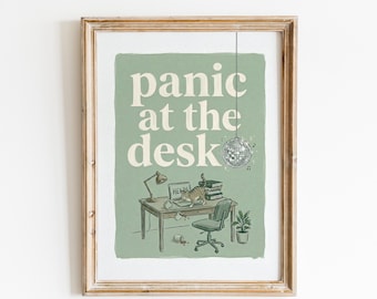 Panic at the Desk Poster, Funny Work From Home Art, Cat Office Illustration, Humor Wall Decor
