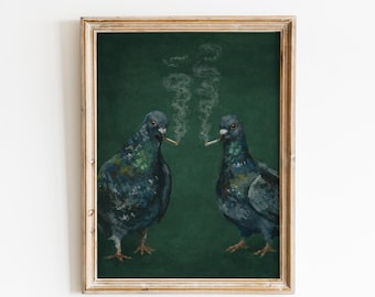 Two Smoking Pigeons – Dark Humor Bird Painting Print (Moody Green Wall Art)