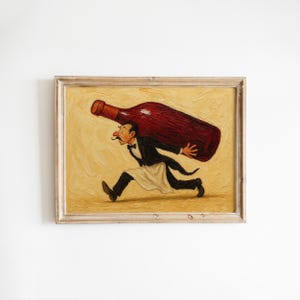 May include: Framed painting of a waiter carrying a large red wine bottle. The waiter is depicted in a black suit, white apron, and bow tie, running across a yellow background. The painting has a vintage, cartoonish style.