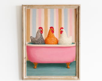 Chickens in Bathtub Poster, Farm Animal Bathroom Art, Cute Hen Wall Decor, Pastel Stripe Bathroom Print