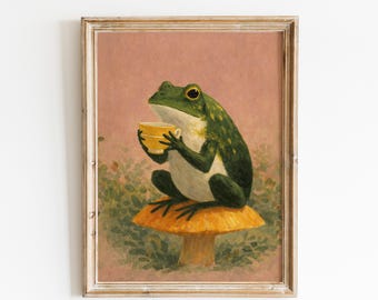 Frog with Tea on Mushroom Whimsical Wall Art