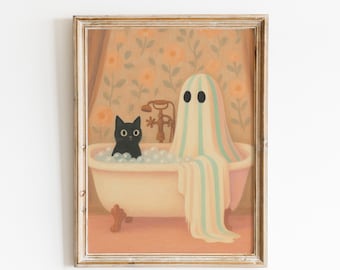 Ghost and Cat in Bathtub – Cute Spooky Wall Art