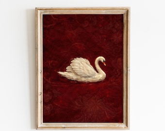 White Swan on Crimson – Moody Baroque Bird Wall Art Print | Dark Romantic Decor
