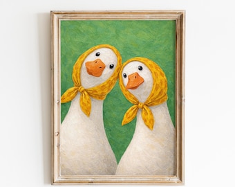 Two Geese in Yellow Scarves – Whimsical Cottagecore Wall Art Print (Green Textured Portrait)