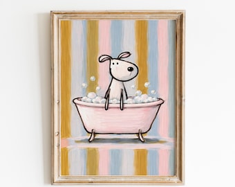 Cute Dog Bath Poster, Kids Bathroom Wall Art, Pastel Stripe Nursery Decor, Whimsical Animal Print
