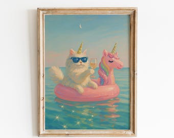 Unicorn Cat Pool Party Poster – Whimsical Summer Wall Art